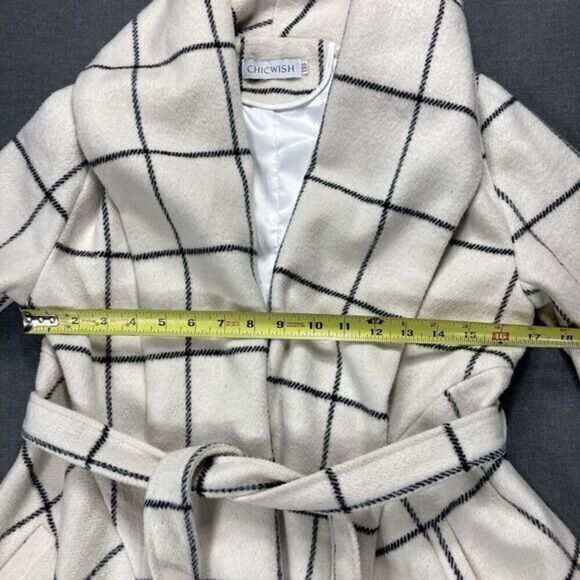 Chicwish Wool Blend Asymmetrical Coat XXS Ivory Grid Print Classic Belted Jacket - Picture 11 of 16